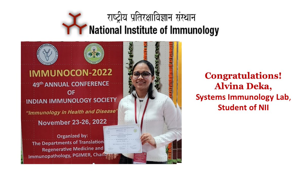 NImmunology's tweet photo. 𝐀𝐥𝐯𝐢𝐧𝐚 𝐃𝐞𝐤𝐚 @alvina_deka a Ph.D. student @Systems_Immunol @Nimmunology receives the ”Best Speaker" award in the oral/poster session in the Indian Immunology Society meeting this year. Congratulations!   @DBTIndia @rajesh_gokhale @DrJitendraSingh https://t.co/ecyMvtONyx