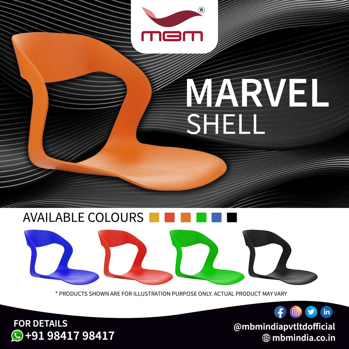 mbmindiapvt2's tweet photo. MARVEL SHELL..!
➡️ Black
➡️ Orange
➡️ Yellow
➡️ Red
➡️ Green
➡️ Blue

For bulk order: +91 98417 98417
Visit https://t.co/p8tFSw0s41
Whatsapp chat: https://t.co/hnejD0CZNt

#MBM #MBMINDIAPVTLTD #Marvelshell
#Chairparts #Chairback #Shellback
#Chairaccessories #Chaircomponent https://t.co/mIy7yN3bWx