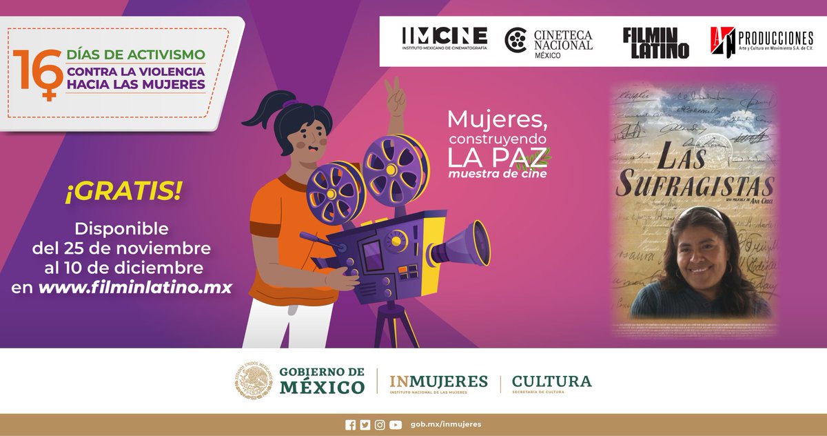 No te pierdas ni una sola película de la muestra de cine “Mujeres construyendo la paz”.  Recuerda que estará disponible del 25 de noviembre al 10 de diciembre en filminlatino.mx y en el Foro al aire libre de la Cineteca Nacional.