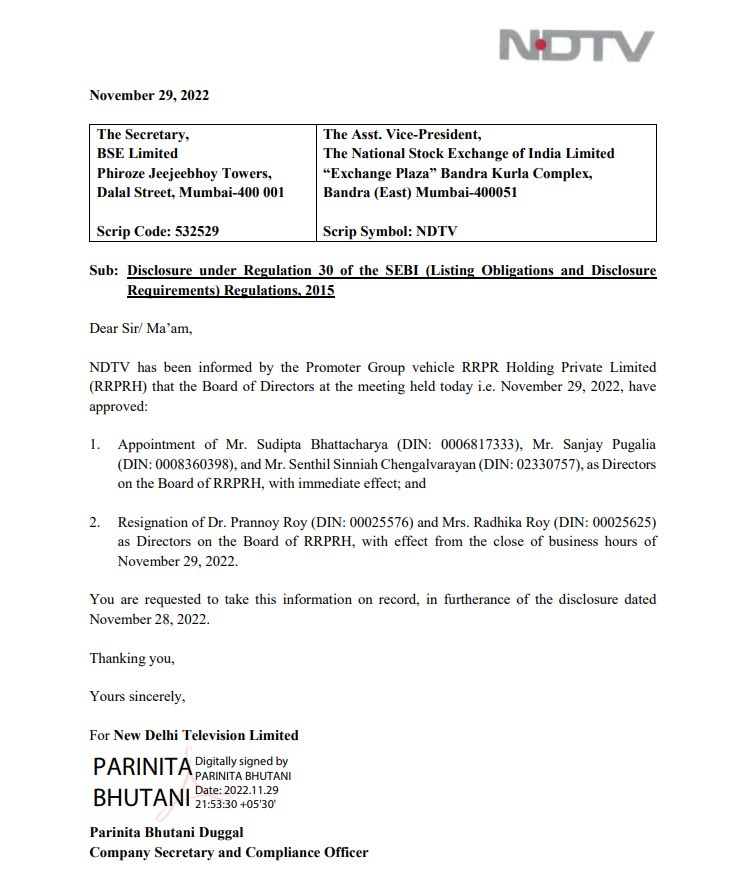rajanmahan's tweet photo. Deeply saddened BUT so far @PrannoyRoyNDTV n #RadhikaRoy have NOT resigned from #NDTV Board - only from #RRPR which #AdaniGroup has grabbed.
Of course, one gets the sinking feeling that this may be the beginning of the end for #India's finest ever TV news group. https://t.co/MbKMNm5RAZ