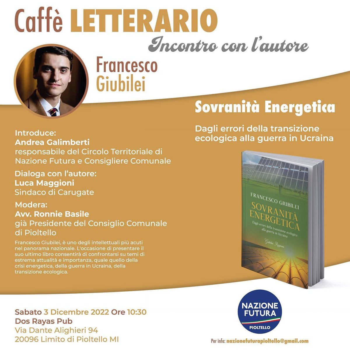 🗓 sabato 3 dicembre 🕦 alle 10.30 il Presidente Nazionale <a href="/giubileif/">Francesco Giubilei</a>, da poco nominato consigliere del  <a href="/MiC_Italia/">Ministero della Cultura</a>, sarà ospite di <a href="/nazione_futura/">Nazione Futura Rivista</a> Pioltello per presentare il suo saggio 𝗦𝗼𝘃𝗿𝗮𝗻𝗶𝘁𝗮̀ 𝗲𝗻𝗲𝗿𝗴𝗲𝘁𝗶𝗰𝗮.
✍🏻 Segnate l’appuntamento in 📔 agenda!