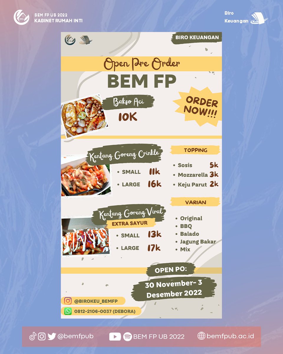 [OPEN PRE-ORDER BASO ACI, KENTANG GORENG]

Halloo guyssss!!!!

Buat kalian yang cari cemilan yukk diorder, kita punya banyak pilihan lohh 😊

Tertarikk!!!! mau tau rasanya?? cusss langsung diorder!!!
👇👇

Yukkk chat cp dibawah ini
📲 +6281221060037 (debora)