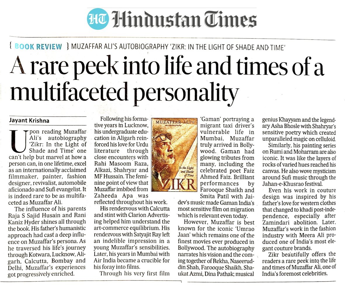My book review of the globally acclaimed filmmaker Muzaffar Ali’s brilliant autobiography ZIKR in Hindustan Times! <a href="/MuzaffarAliArt/">Muzaffar Ali</a> <a href="/MeeraAliKotwara/">Meera Ali</a> <a href="/HouseofKotwara/">House of Kotwara</a> <a href="/JahaneKhusrau/">Jahan-e-Khusrau</a> <a href="/AzmiShabana/">Azmi Shabana</a> <a href="/Javedakhtarjadu/">Javed Akhtar</a> <a href="/penguinrandom/">Penguin Random House 🐧🏠📚</a> <a href="/PenguinIndia/">Penguin India</a> <a href="/JashneRekhta/">Jashn-e-Rekhta</a> <a href="/sahityaakademi/">Sahitya Akademi</a> <a href="/MIB_India/">Ministry of Information and Broadcasting</a>