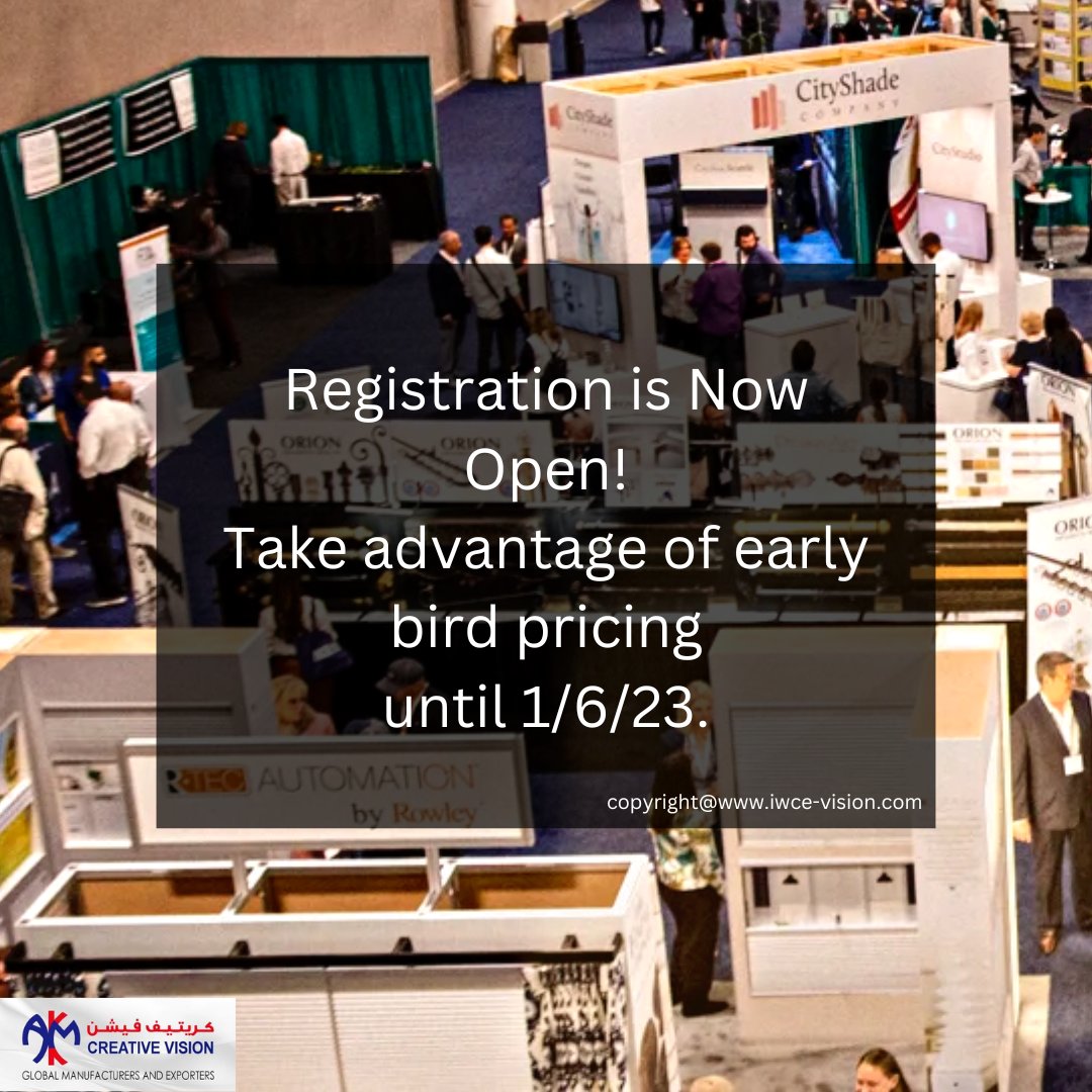 Creativ74306748's tweet image. Registration for the International Window Coverings Expo is Now Open!

Early bird pricing is offered from November 7th, 2022, through Janurary 6th, 2023

iwce-vision.com/registration-2…

#windowcovering #dubaishow #dubaifair #events #dubai #curtains #blinds #shutters