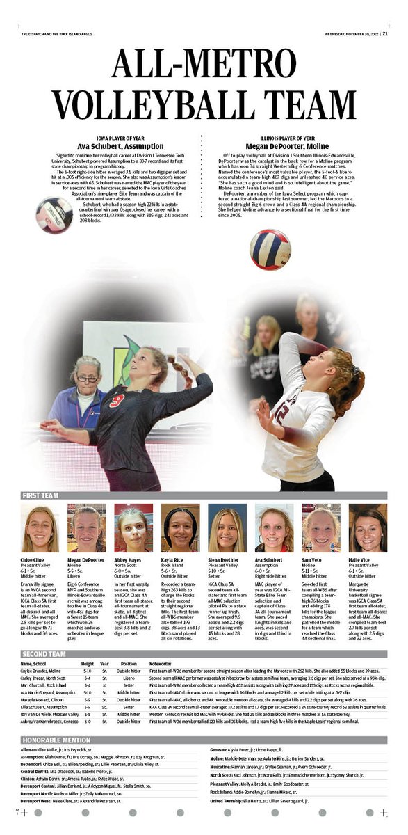 mattcoss78's tweet photo. This year's All-Metro volleyball team, led by Assumption right-side Ava Schubert (Iowa POY) and Moline libero Megan DePoorter (Illinois POY). 

https://t.co/FAToN2alPM https://t.co/rrH6zLgJfp