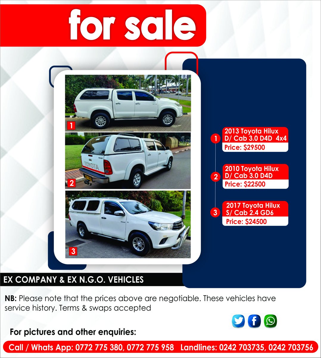 ZimtraderZ's tweet photo. Cars for sale - Toyota Hilux Double Cabs
#carsale #toyotadouble #vehiclesales #toyotahilux #swapsaccepted #negotiable #servicehistory https://t.co/SychfHbRkT