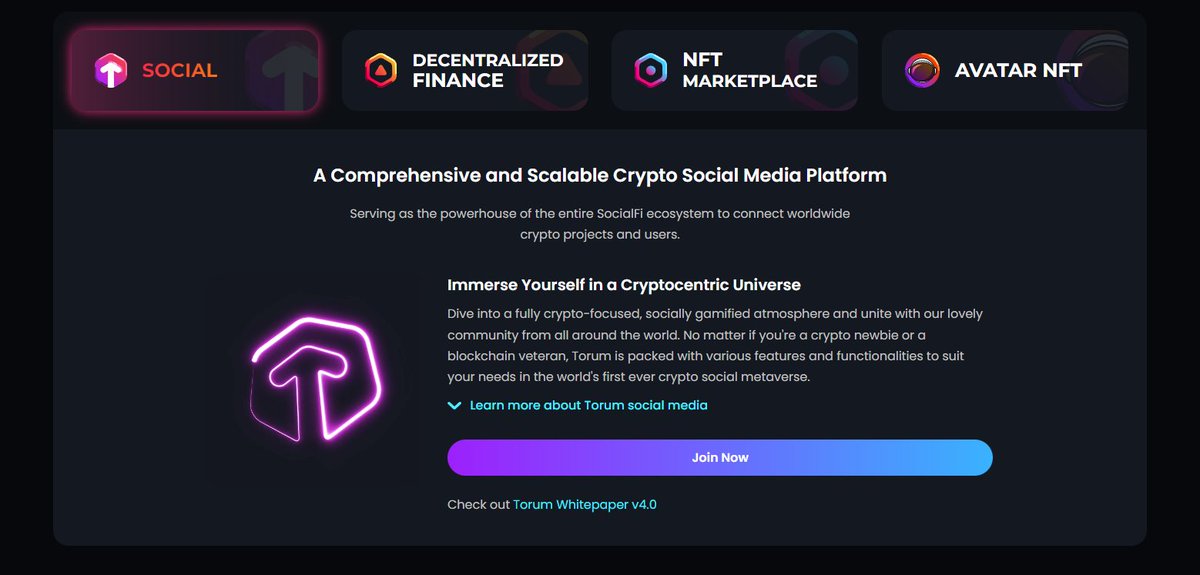 #TORUM is #Web3 #SocialFi and #Metaverse 
They have:
- Social Platform
- Torum Finance
- NFTs Marketplace
- Avatar NFTs