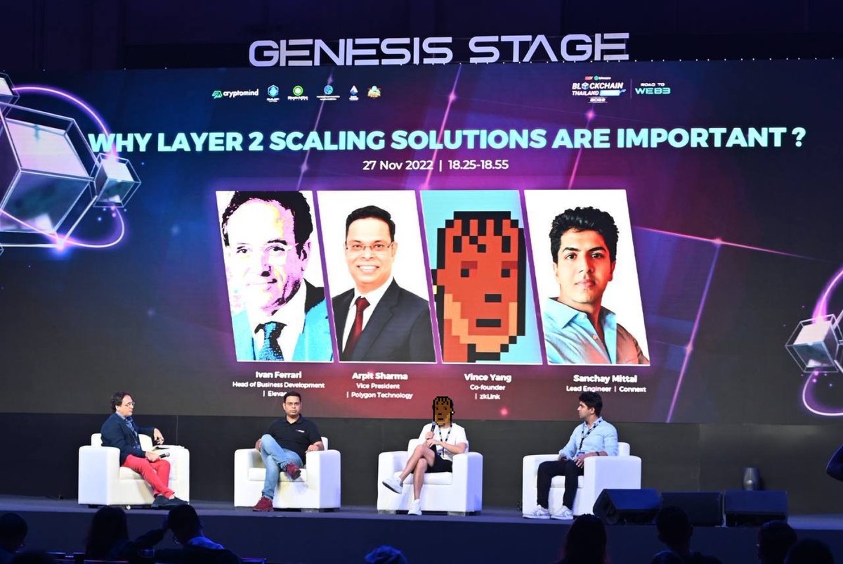 zkLink_Official's tweet photo. Thank you @blockchain_thai for a wonderful panel👏

zkLink co-founder @VZklink and leaders from @0xPolygon, @ConnextNetwork, and @elevandi talked about the future of L2 scaling solution at #BlockchainThailandGenesis2022 https://t.co/uh8waeHM8f