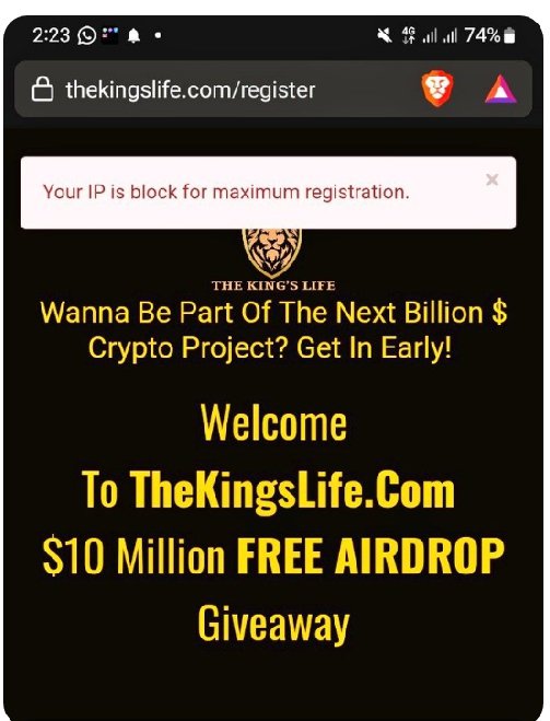 Laskotees222's tweet photo. @the_kingslife Pls,my referral have been facing Your IP is block for maximum registration,pls what can i do? https://t.co/Ep5WkU5CFQ