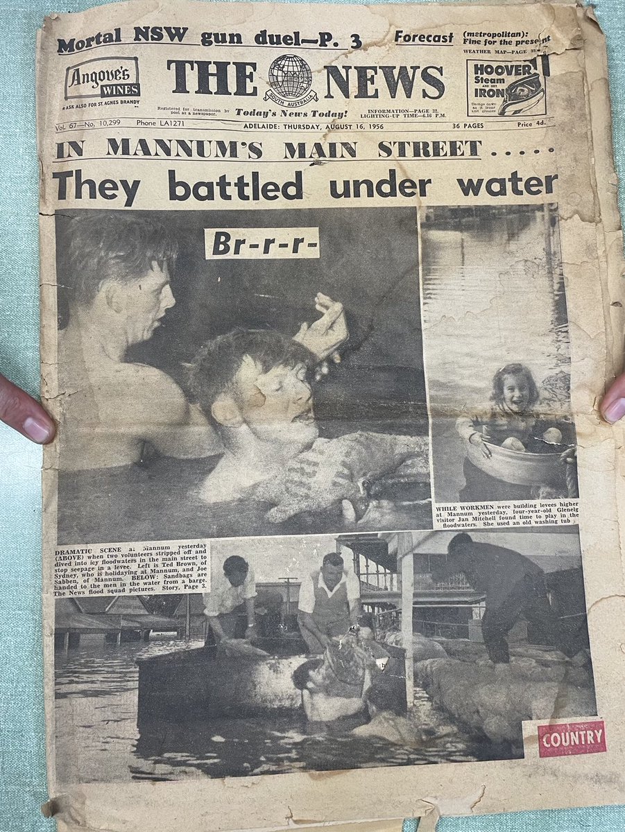 HowdyLauren's tweet photo. The ORIGINAL 1956 Mannum Flood event newspaper! Unearthed while moving antiques for the incoming floods.
A very cool find!
#mannum #murrayriver #news https://t.co/5WwKmdA4wK