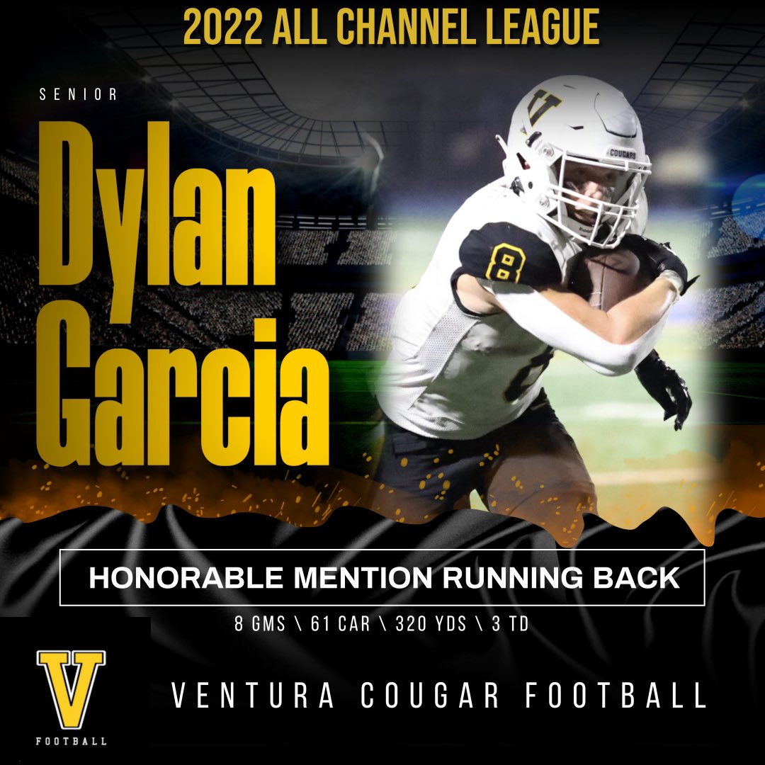 VenturaFootball's tweet photo. Congratulations to 2022 All Channel League Honorable Mention Running Back Dylan Garcia! Dylan was a workhorse for the Cougars on offense and led a group of talented RBs. Dylan will be moving on next year and we wish him well in his future endeavors. @CoachTimGarcia @dylan_garcia8 https://t.co/YCYNzMNu48