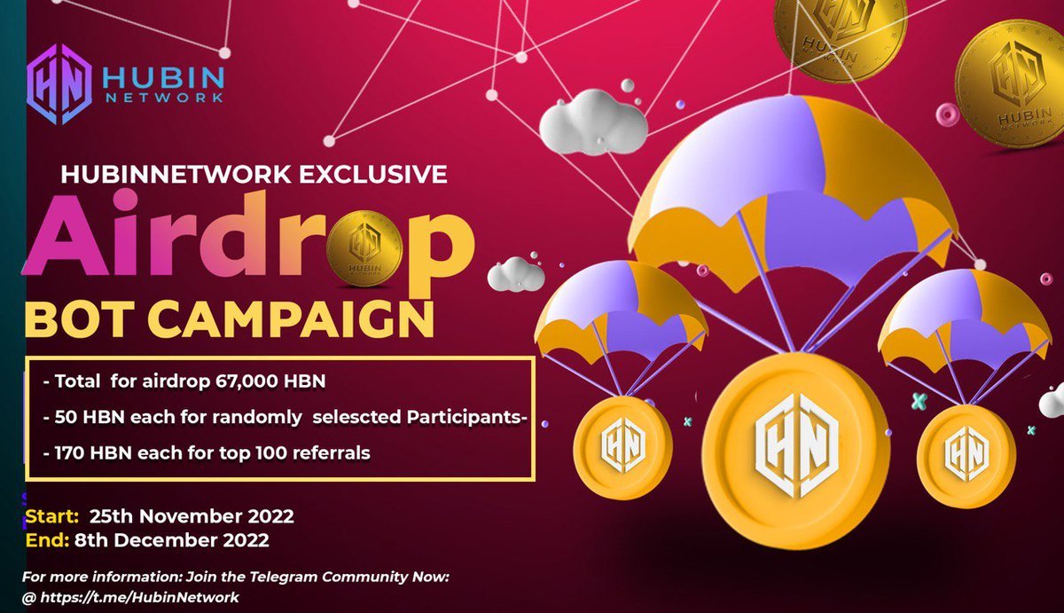 New airdrop: HubinNetwork (HBN)
Total Reward: 67,000 HBN
Rate: ⭐️⭐️⭐️⭐️
Winners: 1,000 Random &amp; Top 100
Distribution: within a week after launch

Bot Airdrop Link: t.me/HubinNetworkBot

#Airdrop #Airdrops #Airdropinspector #BSC #HubinNetwork #HBN #Crypto #Bitcoin
