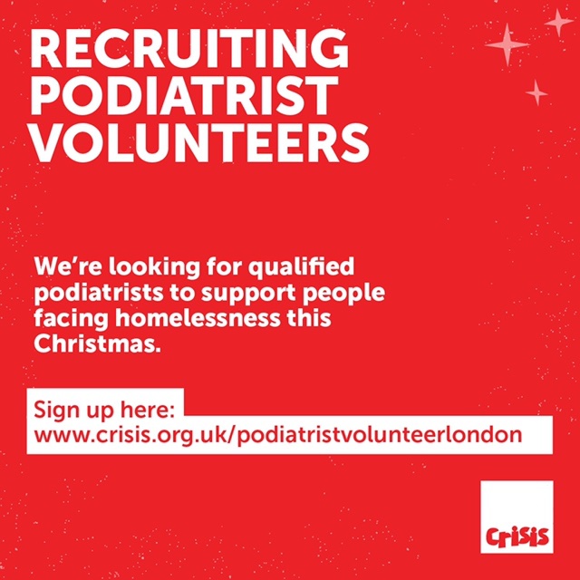 eloise_whitaker's tweet photo. ‼️ Podiatrists Crisis London needs you‼️

@crisis_uk runs healthcare services including podiatry 24-29 Dec.  We are short of podiatry volunteers,  do you have a day to spare?

Sign up at 
https://t.co/d3hssR3o0Q

@RoyColPod #podiatry @AHPs4PH https://t.co/fEdvziuLjo