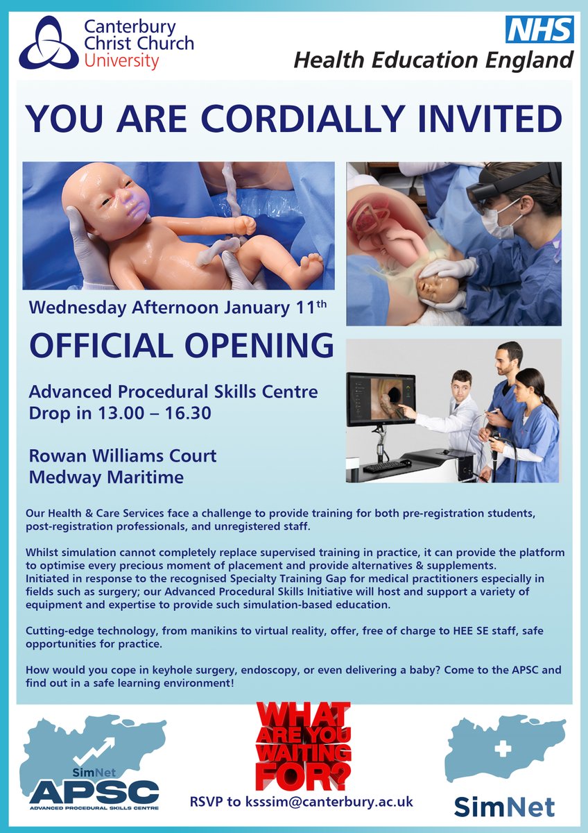 SimNet Kent, Surrey & Sussex and SouthEast (@eastsim) on Twitter photo We are very proud to announce the opening of the Advanced Procedural Skills Open Day on the 11th January in Medway. Drop in anytime between 1-4.30pm to have demonstrations and have a go! This is a FREE simulation event open to all HEE SE staff. Contact ksssim@canterbury.ac.uk We are very proud to announce the opening of the Advanced Procedural Skills Open Day on the 11th January in Medway. Drop in anytime between 1-4.30pm to have demonstrations and have a go! This is a FREE simulation event open to all HEE SE staff. Contact ksssim@canterbury.ac.uk