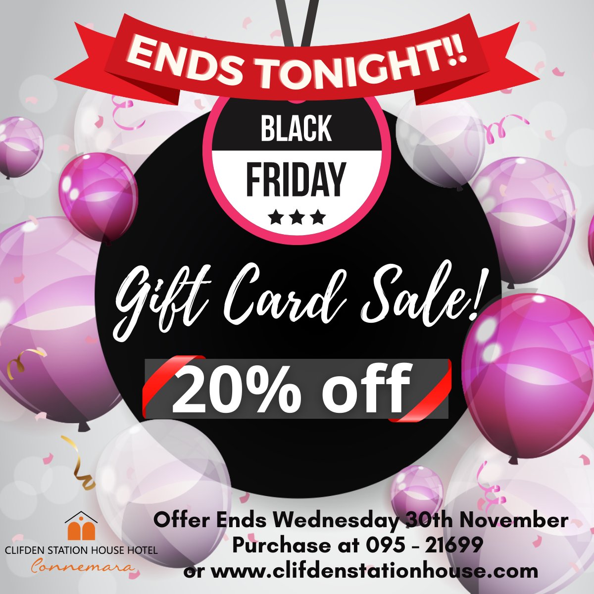 Our fantastic Black Friday Gift Card Sale ends today! Get 20% off all Gift Vouchers! Buy Now: bit.ly/3zm3cgS #blackfriday #clifdenstationhousehotel