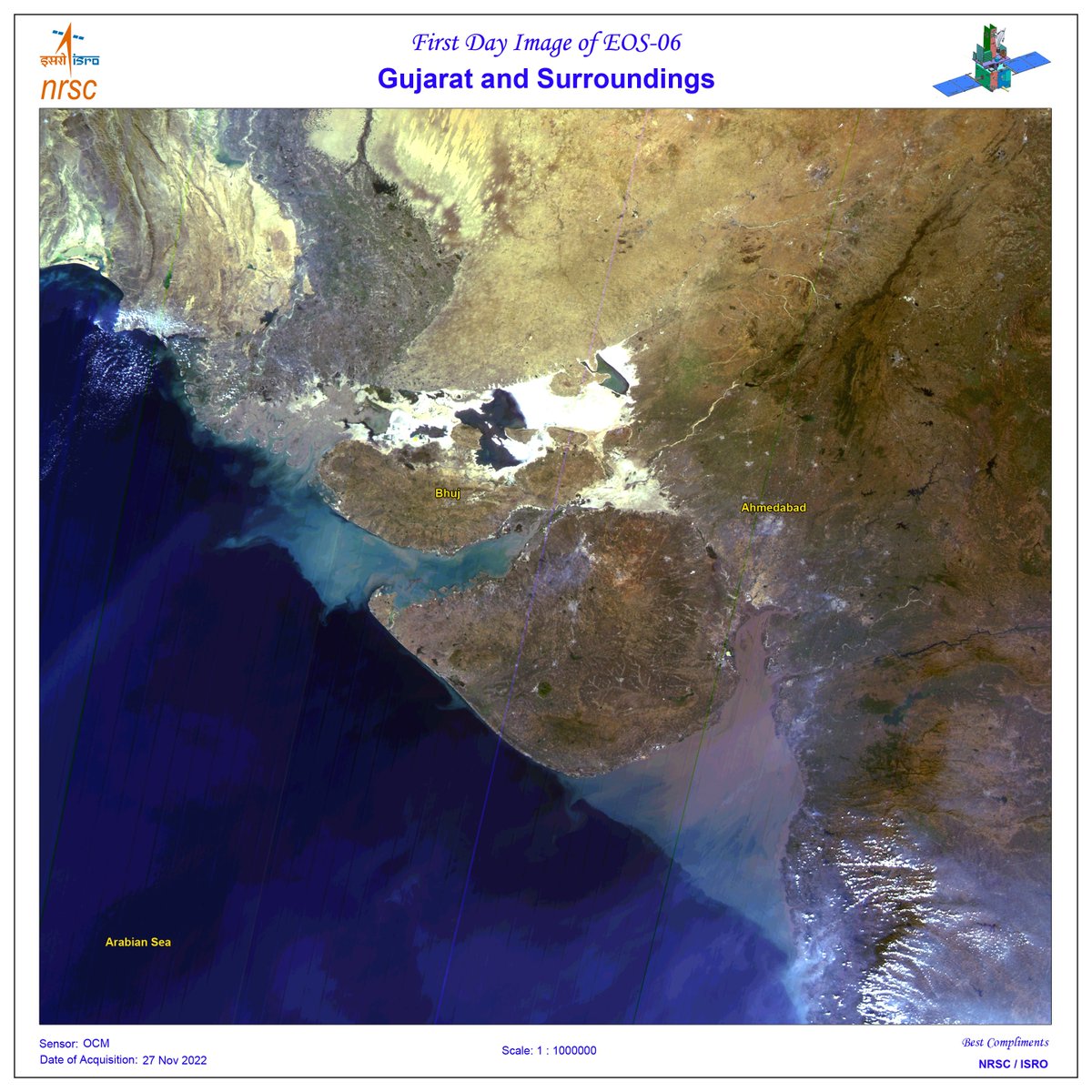 isro's tweet photo. EOS-06 commenced serving the images.  

First-day images received on Nov 29, 2022, at NRSC, Shadnagar cover the Himalayan region, Gujarat Kutch region, &amp; the Arabian Sea. 

They are captured by the Ocean Color Monitor (OCM) &amp; Sea Surface Temperature Monitor (SSTM) Sensors.  (1/2) https://t.co/xkQjP1GT7z