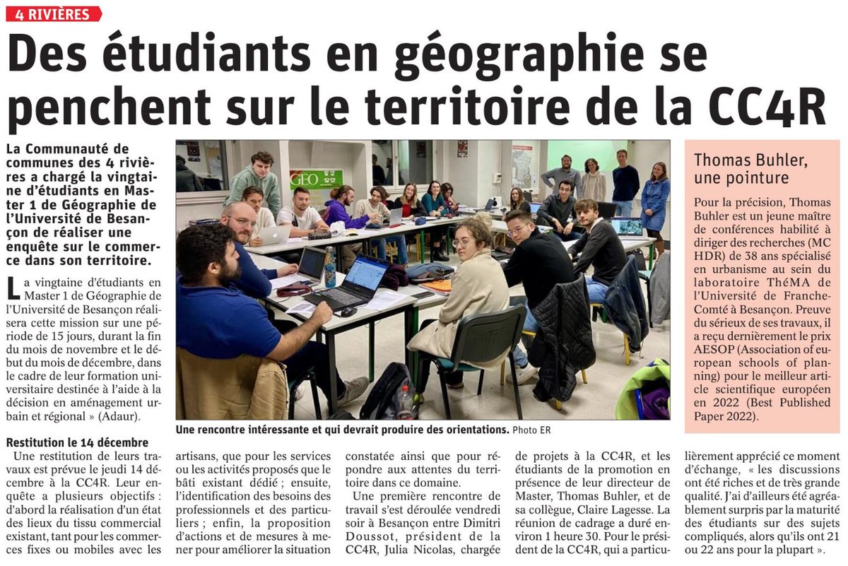 On parle du lancement du diagnostic territorial des M1 ADAUR dans <a href="/lestrepublicain/">L'Est Républicain</a> ! Ils et elles seront aujourd'hui et jusqu'à vendredi sur le territoire de la ComCom4Rivières, à Champlitte et Dampierre-sur-Salon.