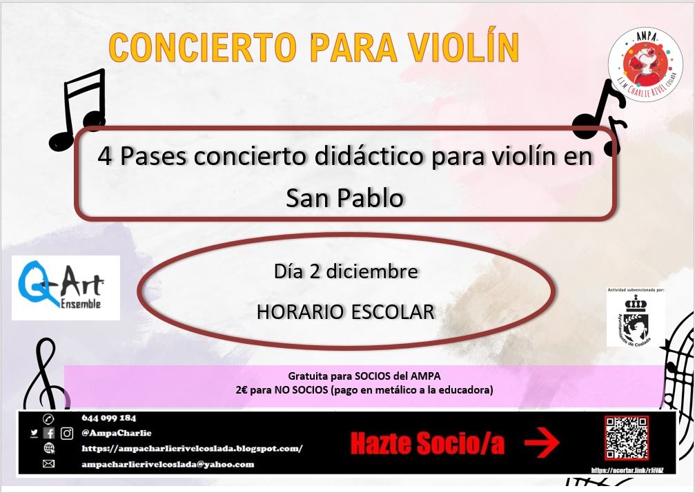 Este viernes 2 de diciembre los mayores de la escuela, que están en el San Pablo, van a disfrutar de un concierto didáctico  junto a sus educadoras y amigos. 
¡Van a disfrutar muchísimo!

Actividad está subvencionada parcialmente por la Concejalía de Educación del <a href="/Ayto_Coslada/">Ayuntamiento de Coslada</a>