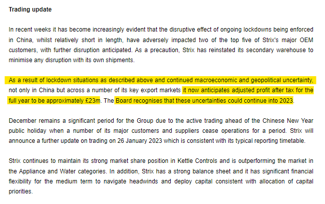 1James1n1's tweet photo. #KETL - Profit warning as adj PBT is downgraded from £27m-£29m at time of Interims to c£23m today.

Reason is given as Chinese lockdowns adversely impacting two major customers. Rather surprisingly that kettle controls are so economically fragile.

Market share maintained. https://t.co/dj373vURby