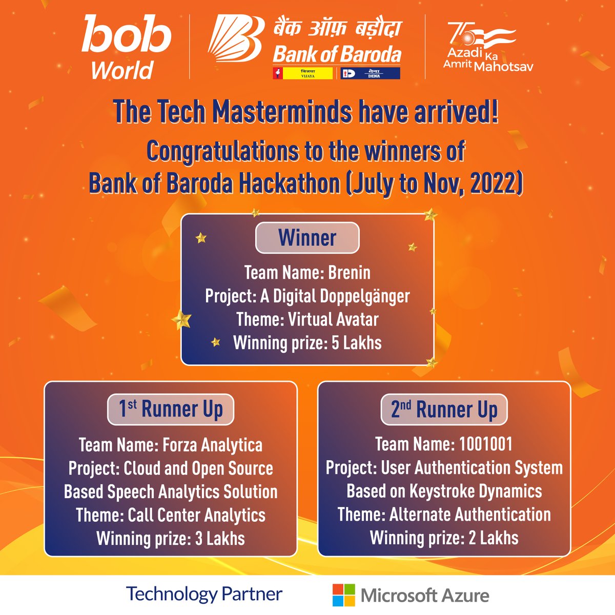 bankofbaroda's tweet image. #BankofBaroda #Hackathon2022 concluded on a high note with innovation blooming in every corner. Here are the techies who carved a niche. Congratulations to each one of you who made this event such a huge success.

@Microsoft @techgigdotcom @AmritMahotsav #AzadiKaAmritMahotsav