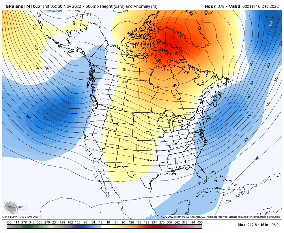 Legit winter storm potential brewing in/around the 3rd week of Dec (~ Dec 14-22), esp for the Mid-Atlantic

When a -NAO block (🔴) retrogrades to Baffin Island &amp; starts decaying, that's typically when you see a (KU) storm from cyclonic wave breaking underneath in the East US
☃️