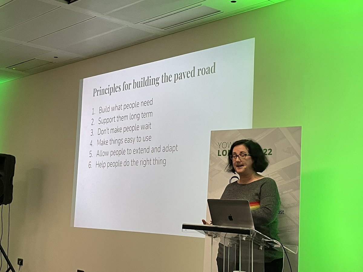 A wonderful talk by @sarahjwells about building an environment for each team to have enough freedom complimented by a dash of governance and standardisation. Enjoyed this talk a lot. #yowlondon