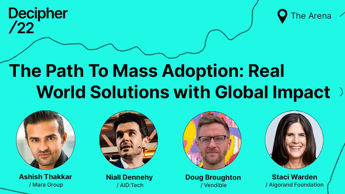 Don’t miss the last session of #Decipher2022! 

Tune in to The Path To Mass Adoption: Real World Solutions with Global Impact featuring <a href="/svdpusadisaster/">Disaster Services Corporation, SVDP-USA</a>, <a href="/aidtechnology/">AID:Tech</a>, <a href="/GoVendible/">Vendible</a>, Mara Group and <a href="/AlgoFoundation/">Algorand Foundation</a>.

📺 youtu.be/HAG-kg69SZE