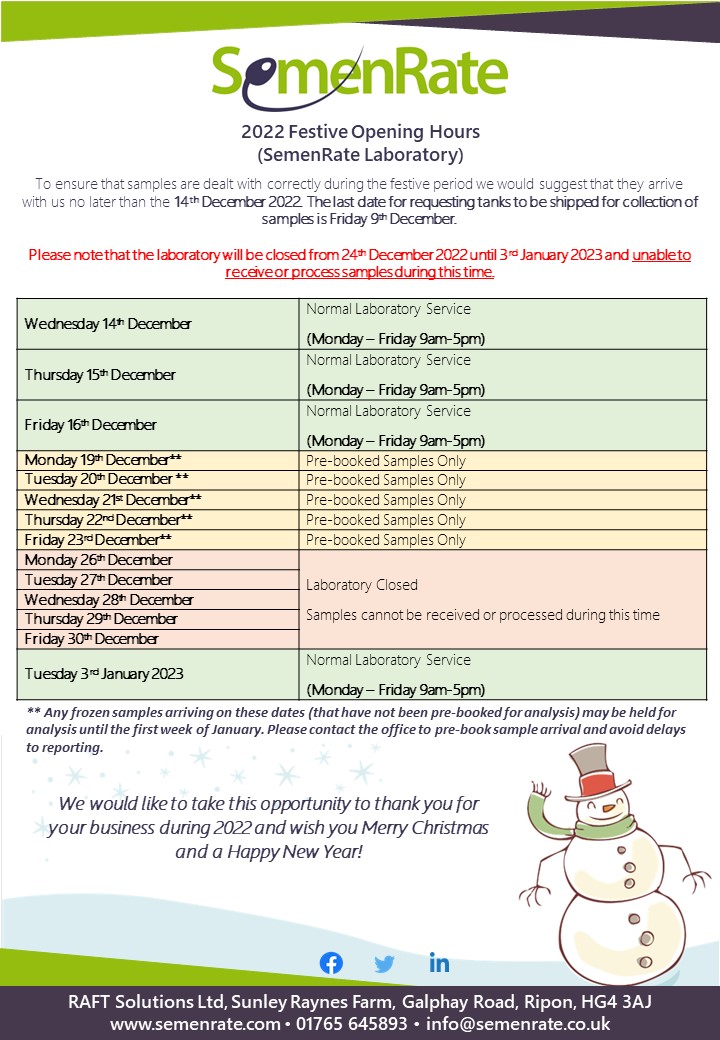 🎄🎅 FESTIVE OPENING TIMES 🎅🎄

To ensure samples are dealt with correctly during the festive period, we suggest that they arrive with us no later than the 14th December 2022. 

The last date for requesting tanks to be shipped for collection of samples if Friday 9th December. 👍