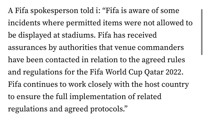 24. Nov vs. 30 Nov

So <a href="/FIFAcom/">FIFA</a> gives new assurances that everything is fine and 🏳️‍🌈 are not prohibited every couple of days and  then people get harassed and thrown out of Stadiums again in between statement? 

It’s a joke. #Qatar2022