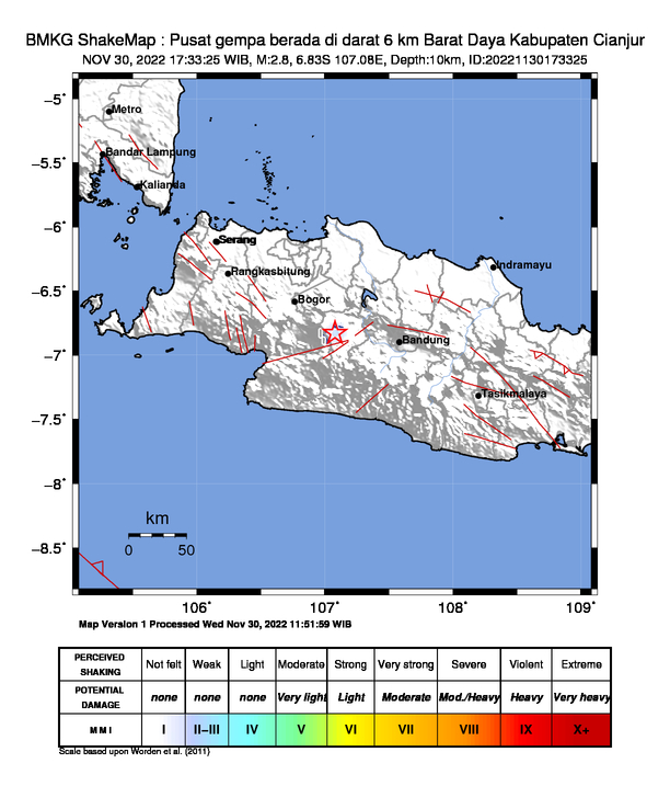 #Gempa (UPDATE) Mag:2.8, 30-Nov-22 17:33:25 WIB, Lok:6.83 LS, 107.08 BT (Pusat gempa berada di darat 6 km Barat Daya Kabupaten Cianjur), Kedlmn:10 Km Dirasakan (MMI) III Cugenang #BMKG