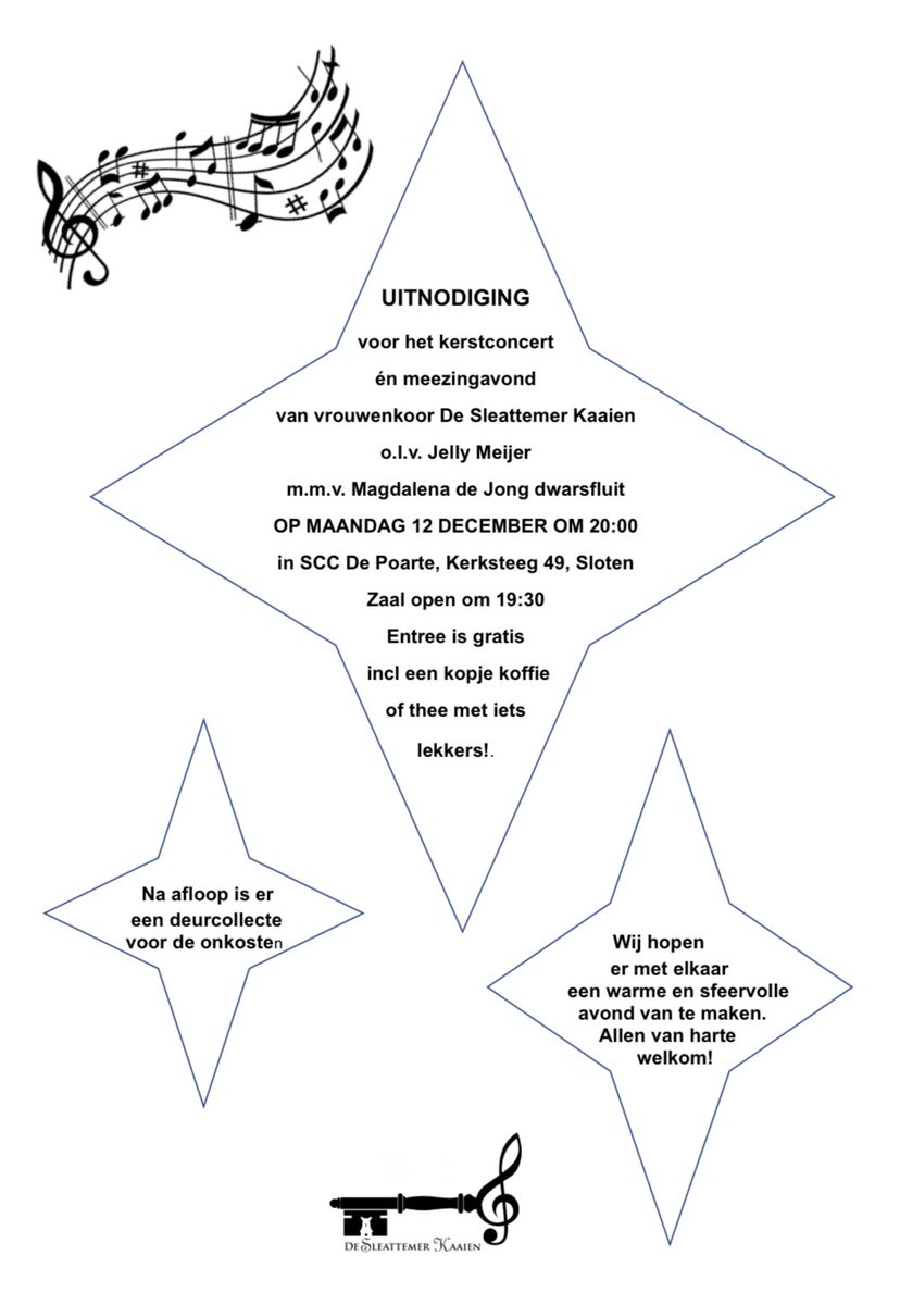 DeKaaien's tweet image. Uitnodiging Kerstconcert en meezingavond Sleattemer Kaaien. Aanstaande maandag 12 december is het weer zover. Oant sjen!