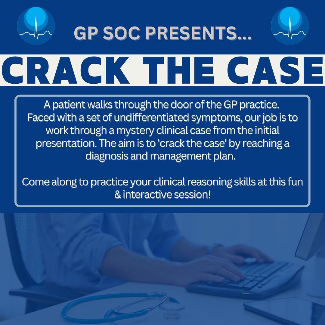 StAndrewsGPSoc's tweet photo. Today we are hosting our first Crack the Case of the semester! We’ll be working through a GP-based clinical case presented by Dr Walmsley! Starting off with the presenting complaint, the aim is to crack the case by reaching a diagnosis &amp; management plan!🔎🩺 https://t.co/BH8kOhQhFS