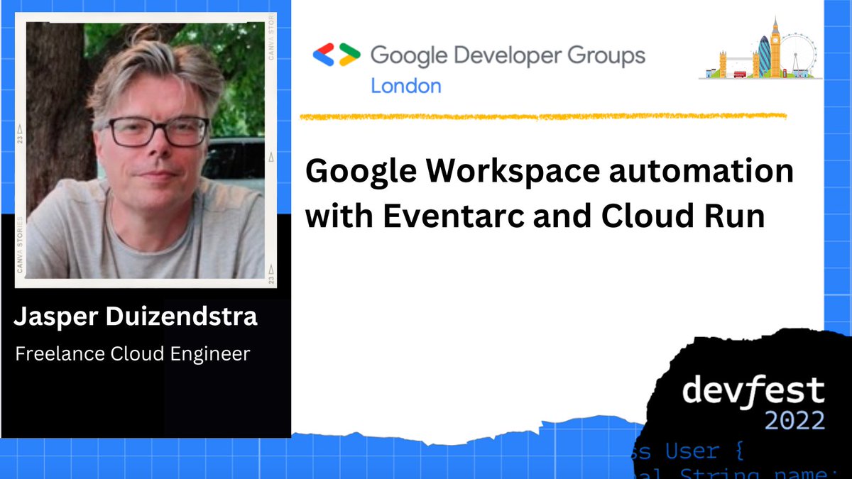 📣 SESSION HIGHLIGHT! 'Google Workspace automation with Eventarc and Cloud Run' by Jasper Duizendstra Join us in person at King's College Bush House 📅 Saturday, December 10, 2022 🎟️ gdg.community.dev/events/details… #DevFestLondon #Cloud #CloudRun