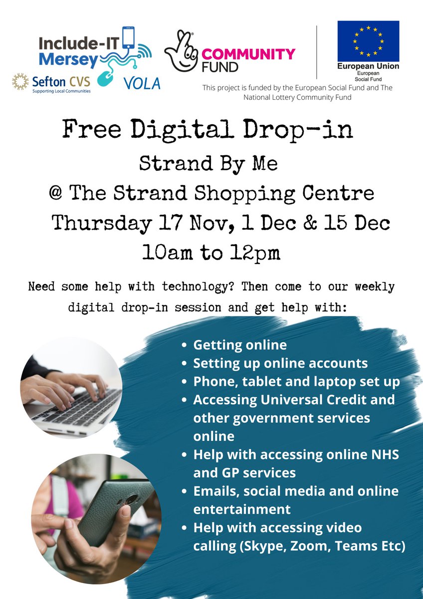 Join us tomorrow at Strand By Me for a Digital Drop-In with <a href="/IncludeITMersey/">Include IT Mersey</a> if you or anyone you know has a new laptop or tablet bring it down or would like to be set up with an email jump on our community computers. So don't hesitate to pop in between 10am-12pm #bootle #sefton