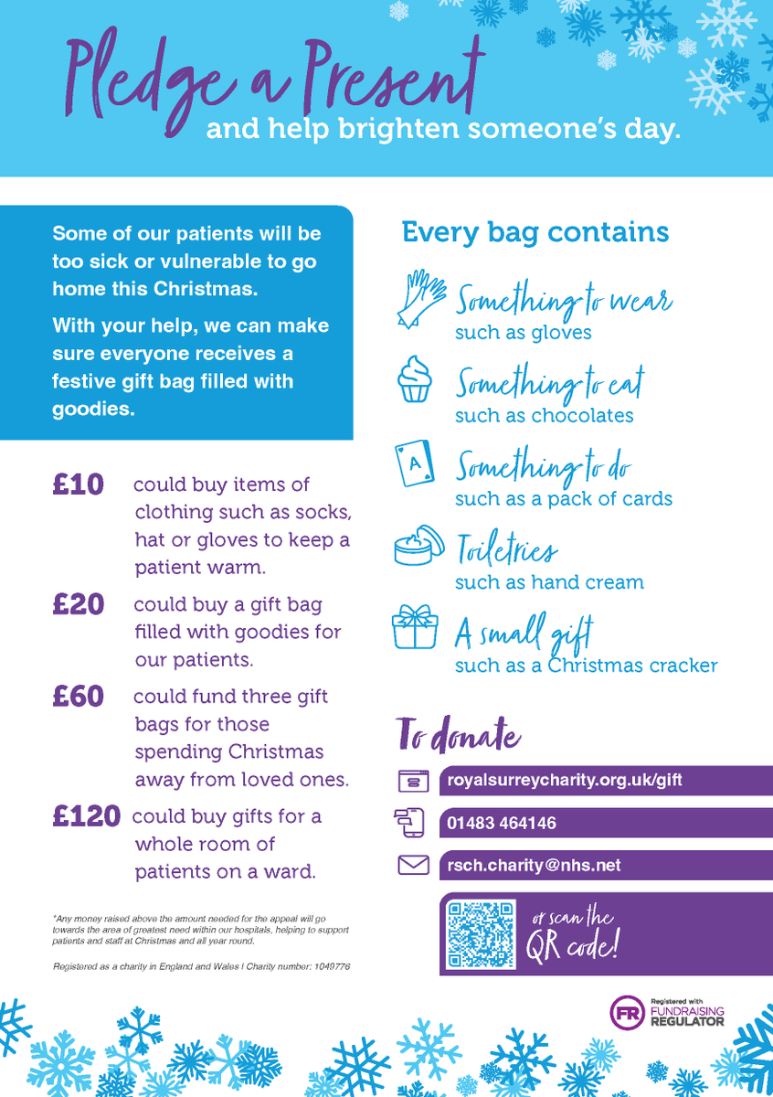Visit the Royal Surrey Charity website to Pledge a Present this Christmas! Help them to ensure that everyone spending Christmas in hospital, away from loved ones, has something nice to open at Christmas!
