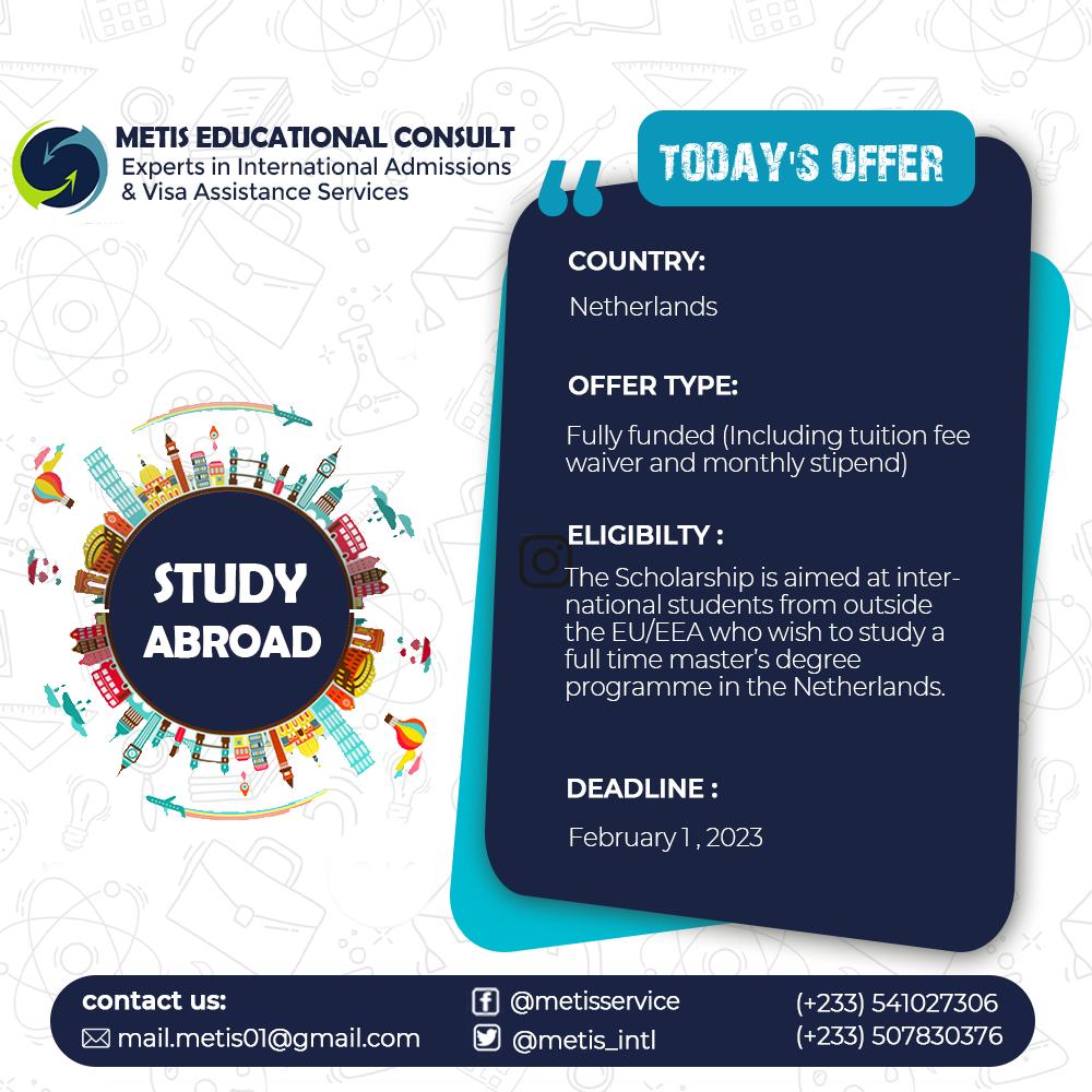 MetisIntl's tweet photo. Are you a first-degree holder seeking to earn your master's degree abroad? here comes a scholarship opportunity.
In the Netherlandsπ³π±.
#travel #spintex
#generalarts #MAMA2022 https://t.co/dJp42kvz7g