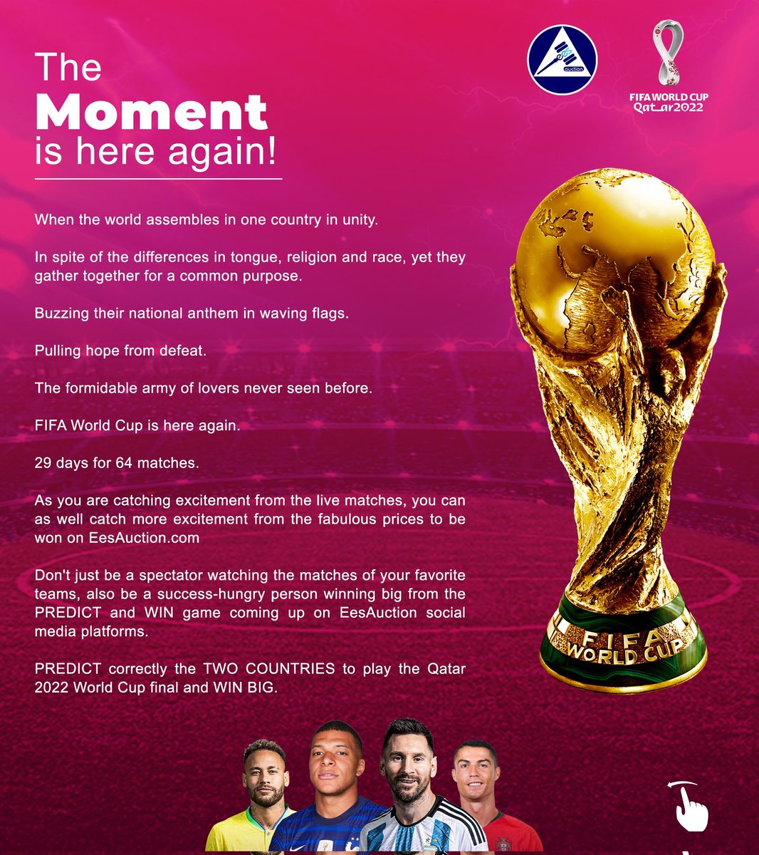 eesauction's tweet photo. Predict correctly the two teams to play the World Cup final and win 5k.

Read the rules of the prediction on the photos attached.

Kindly retweet this post.

Wish you the best.

#FIFAWorldCupQatar2022 #WorldCup #MAMA2022 #JusticeForSanjuSamson #MAMA2022 #chainsawman https://t.co/zthIhwDG7t