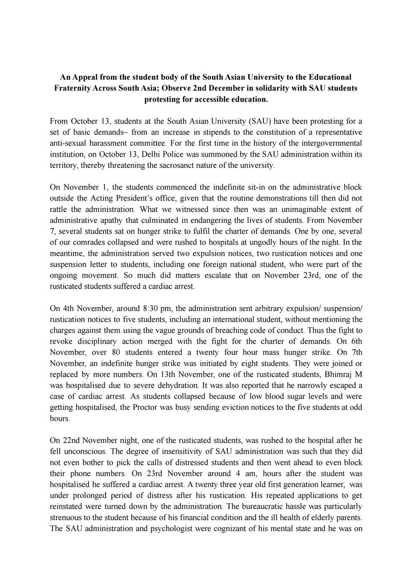 echoesofparadox's tweet photo. An Appeal from the student body of the South Asian University to the Educational Fraternity Across South Asia; Observe 2nd December 2022 in solidarity with SAU students protesting for accessible education.

#SaveSAU #StandWithSAU #studentunity #EducationForAll #JusticeForAmmar https://t.co/LBNaMuURkd