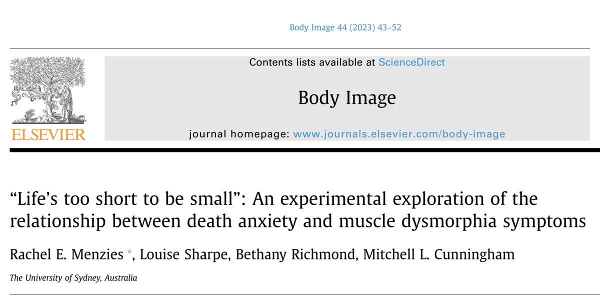 Our new paper on #DeathAnxiety and #MuscleDysmorphia (MD) is now out!

📝 Death anxiety predicted MD symptoms
🍽️ Reminders of death led men with MD symptoms to choose larger food portions
💪 Reminders of death did NOT make men feel more unhappy with their current body

(1/3)