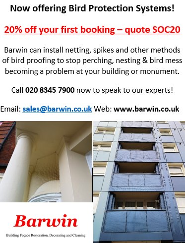 ** NEW SERVICE - BIRD PROTECTION / PREVENTION **
For a limited time only, save 20% when booking!
#BirdProofing #PigeonProofing #BirdProtection #PigeonNetting #PigeonSpikes #BuildingPreservation #ExpertAdvice #Discount #Sale #LimitedTimeOffer #20percentoff #Bargain #Barwin