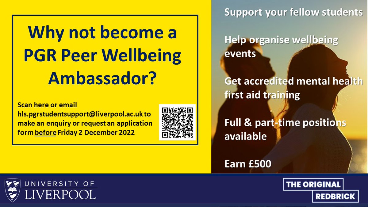 Inst of Systems, Molecular & Integrative Biology (@livuniismib) on Twitter photo Our amazing #PGRWellbeing network supports <a href="/livuni/">University of Liverpool</a> students with help and advice sessions, talks, social events & other initiatives. We're looking for proactive types, willing to support #PGR's who might be struggling or needing help.
If this is you, get in touch before 2 Dec!💛 Our amazing #PGRWellbeing network supports <a href="/livuni/">University of Liverpool</a> students with help and advice sessions, talks, social events & other initiatives. We're looking for proactive types, willing to support #PGR's who might be struggling or needing help.
If this is you, get in touch before 2 Dec!💛