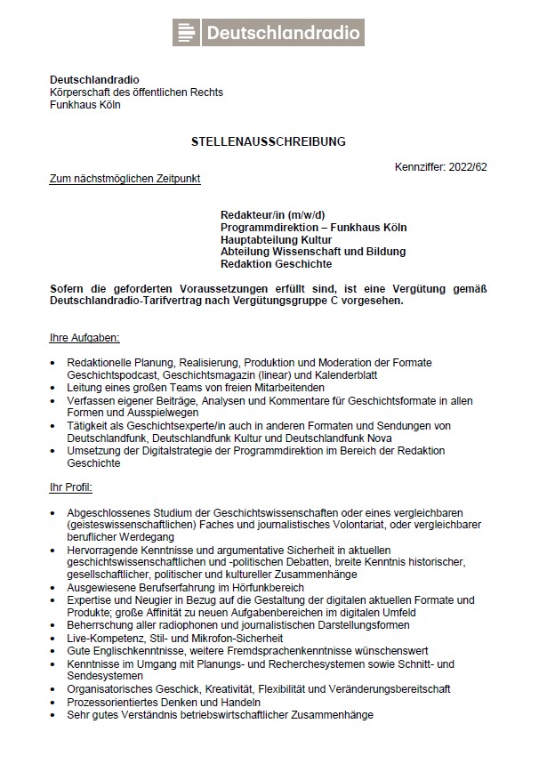 So eine Stellenausschreibung für Historiker*innen gibt nicht oft: Geschichtsthemen für <a href="/DLF/">Deutschlandfunk</a> <a href="/dlfkultur/">Deutschlandfunk Kultur</a> <a href="/dlfnova/">Deutschlandfunk Nova</a> umsetzen - was für eine spannende Aufgabe! Bewerbungen für die Redaktion Geschichte im Deutschlandradio bis 16.12. hier: deutschlandradio.softgarden.io/job/25379820?l…