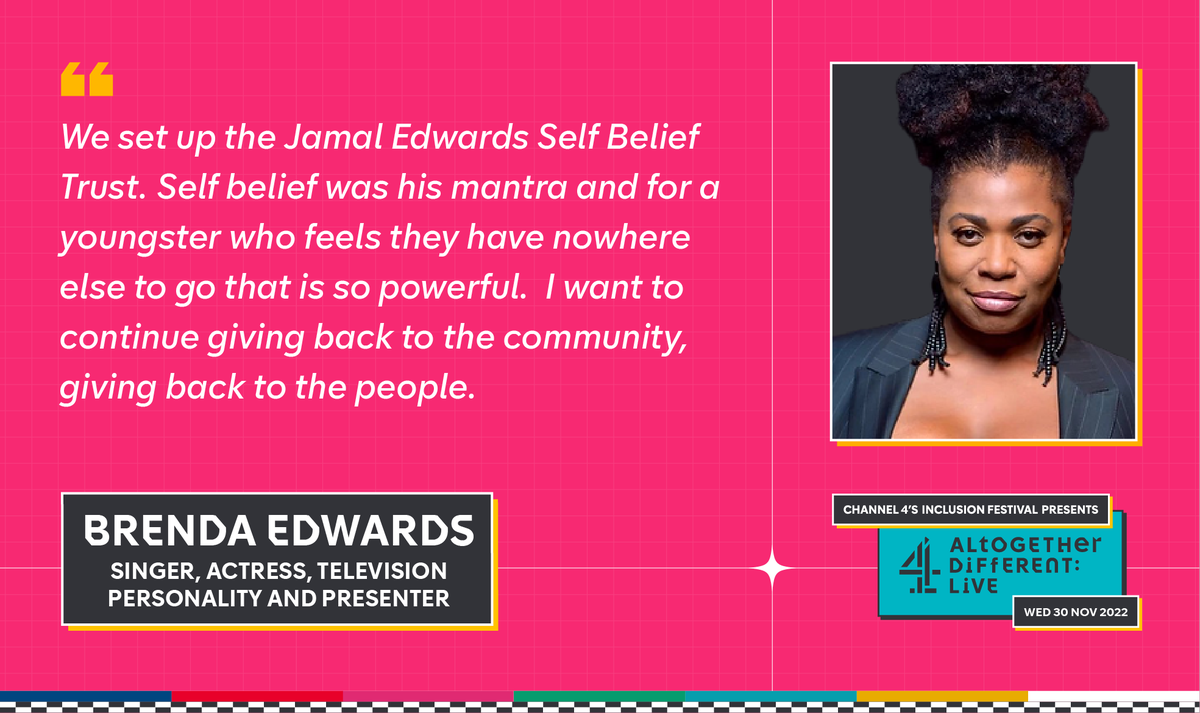 Channel 4 Press (@c4press) on Twitter photo A moving tribute to Jamal Edwards MBE, British music entrepreneur and founder of SBTV who died earlier this year aged just 31. Jamal's mother <a href="/brenda_edwards/">Brenda Edwards</a> talks to David Whitely AKA <a href="/sidemanallday/">Sidemanallday</a>
#C4InclusionFest A moving tribute to Jamal Edwards MBE, British music entrepreneur and founder of SBTV who died earlier this year aged just 31. Jamal's mother <a href="/brenda_edwards/">Brenda Edwards</a> talks to David Whitely AKA <a href="/sidemanallday/">Sidemanallday</a>
#C4InclusionFest