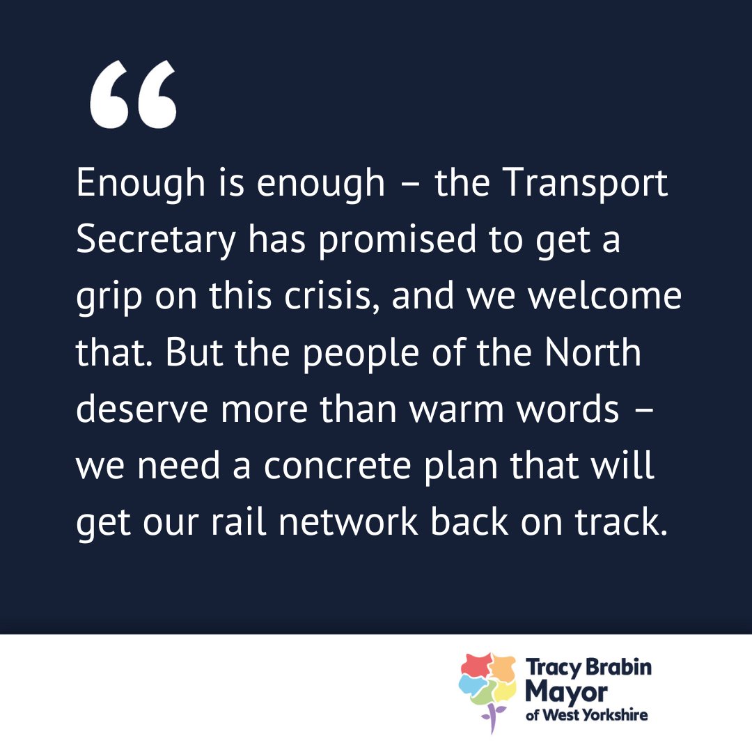 MayorOfWY's tweet photo. Later today, Northern Mayors will hold crunch talks with the government as last minute train cancellations continue to cause havoc across our network.

Ministers need to get a grip of this situation and treat it with the seriousness that it deserves.

👉🏼https://t.co/CruBii9H27 https://t.co/T6JDv9mOin