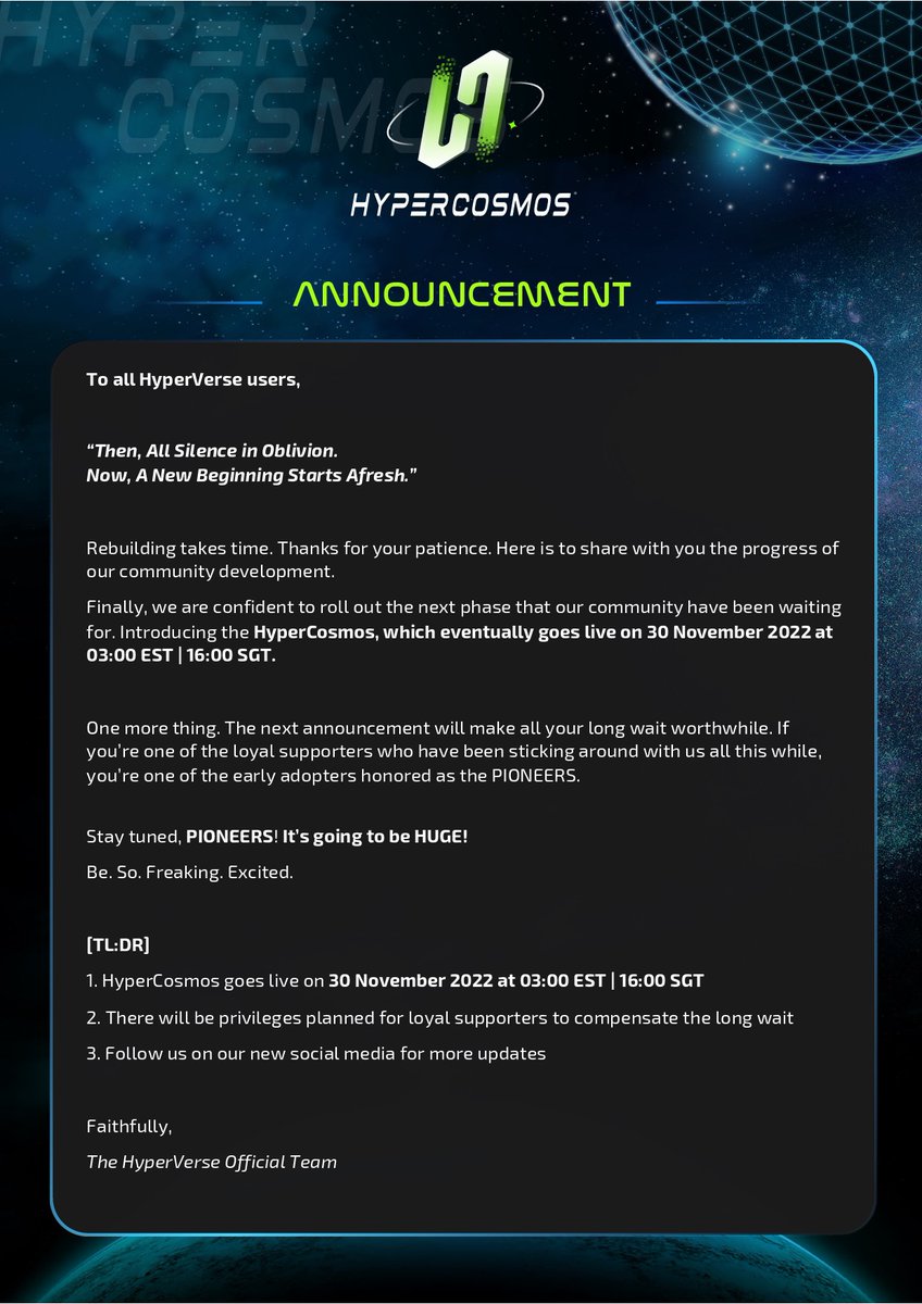 To all HyperVerse users, Embark on our new journey! We are now called ‘HyperCosmos’. Let us leave behind our bittersweet memories and look forward to a new exploration start afresh. Read more below!👇 The HyperVerse Official Team