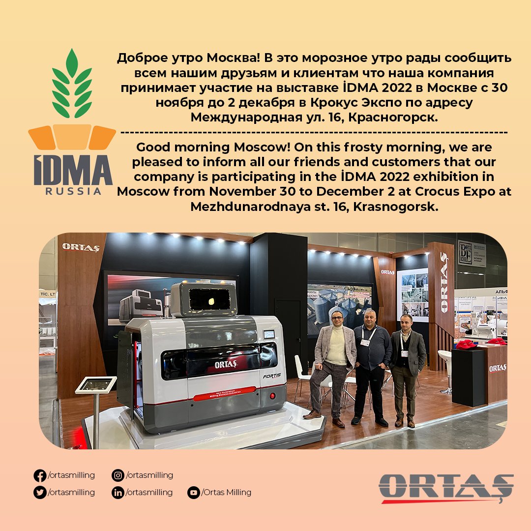 ORTASMILLING's tweet photo. We are at the İDMA 2022 fair in Russia. We are waiting for you at our stand D20 to meet ORTAŞ quality.
.

#milling #grain #millingmachinery #turkishexporter #rollermill #completemillfactory  #flourmillturnkey #feedmill #russia #idmarussia #crocusexpo #moskow #idma2022 https://t.co/wQW9kty6gL