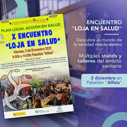 #LojaRELAS este viernes se celebra el X Encuentro "Loja en Salud"...con múltiples actividades y puestos informativos...

<a href="/lojadeportes/">Área de Deportes Loja</a> 
<a href="/SaludAPGranada/">Atención Primaria Granada</a> 
<a href="/saludand/">Consejería de Sanidad, Presidencia y Emergencias</a> 
<a href="/VidaSaludAnd/">Promoción de Vida Saludable en Andalucía</a> 
#SaludPúblicaAndalucía
#Localizarlasalud