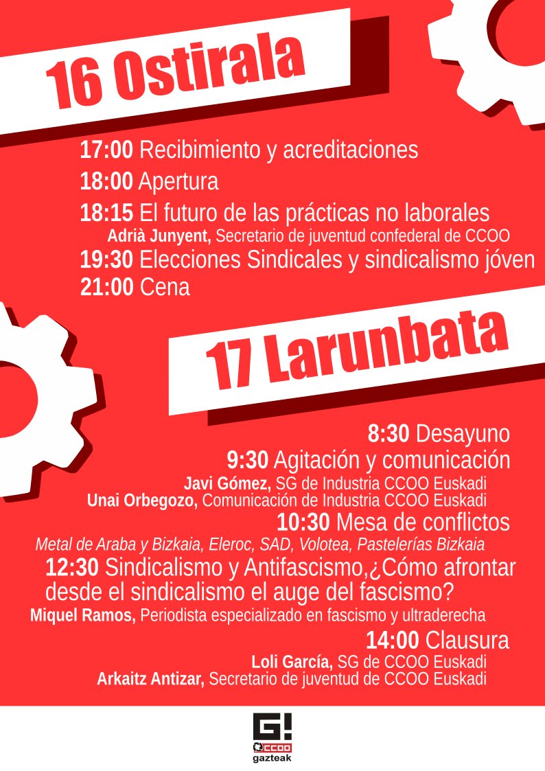 👉HEMEN DA ESKOLA SINDIKALAREN PROGRAMA

Distintas charlas, objetivos comunes

➡️ Estrategias para afrontar retos actuales y futuros.

➡️Organización entorno al sindicato.

 AURRERA!

<a href="/adriajunyent/">Adrià Junyent</a>   <a href="/JavigomezJAVI/">JAVI GOMEZ</a>  <a href="/uorbegozo/">Unai Orbegozo🔻🇵🇸🇪🇭</a> <a href="/Miquel_R/">Miquel Ramos 🥘</a> <a href="/LgarciaLola/">Lola García García</a> <a href="/natanapalm/">Sandra Sevilla</a> <a href="/VoloteaEnLucha/">Volotea en Lucha/Borrokan</a>