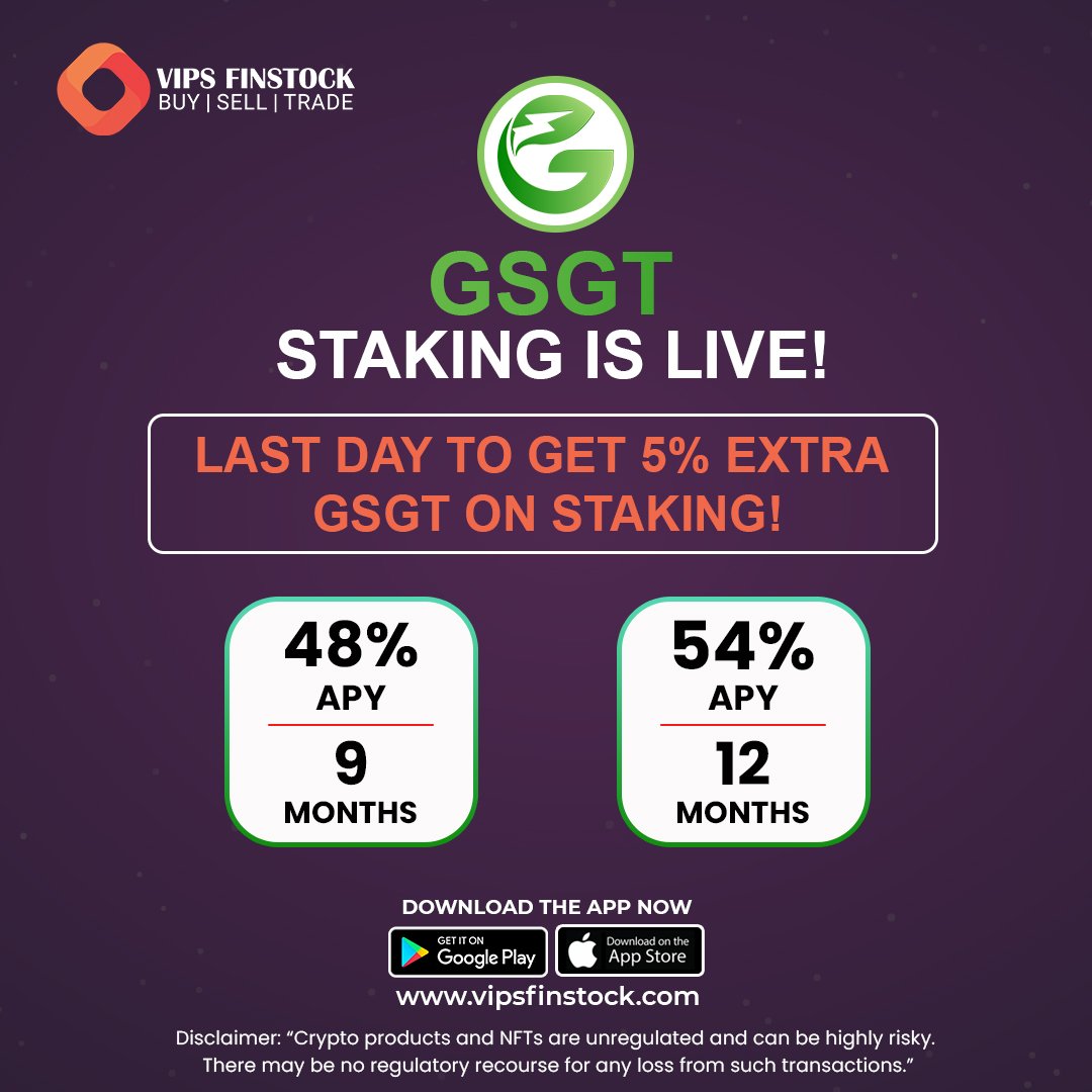 VIPS_Finstock's tweet photo. Last day to get an extra 5% on staking GSGT
Hurry up 👇🏼
https://t.co/jCJ6YhQOah
#crypto #cryptoworld #altcoin #altcoins #GSGT #staking #cryptostaking #altcoinstaking #cryptotrading #altcointrading https://t.co/CG2RkL2n3H