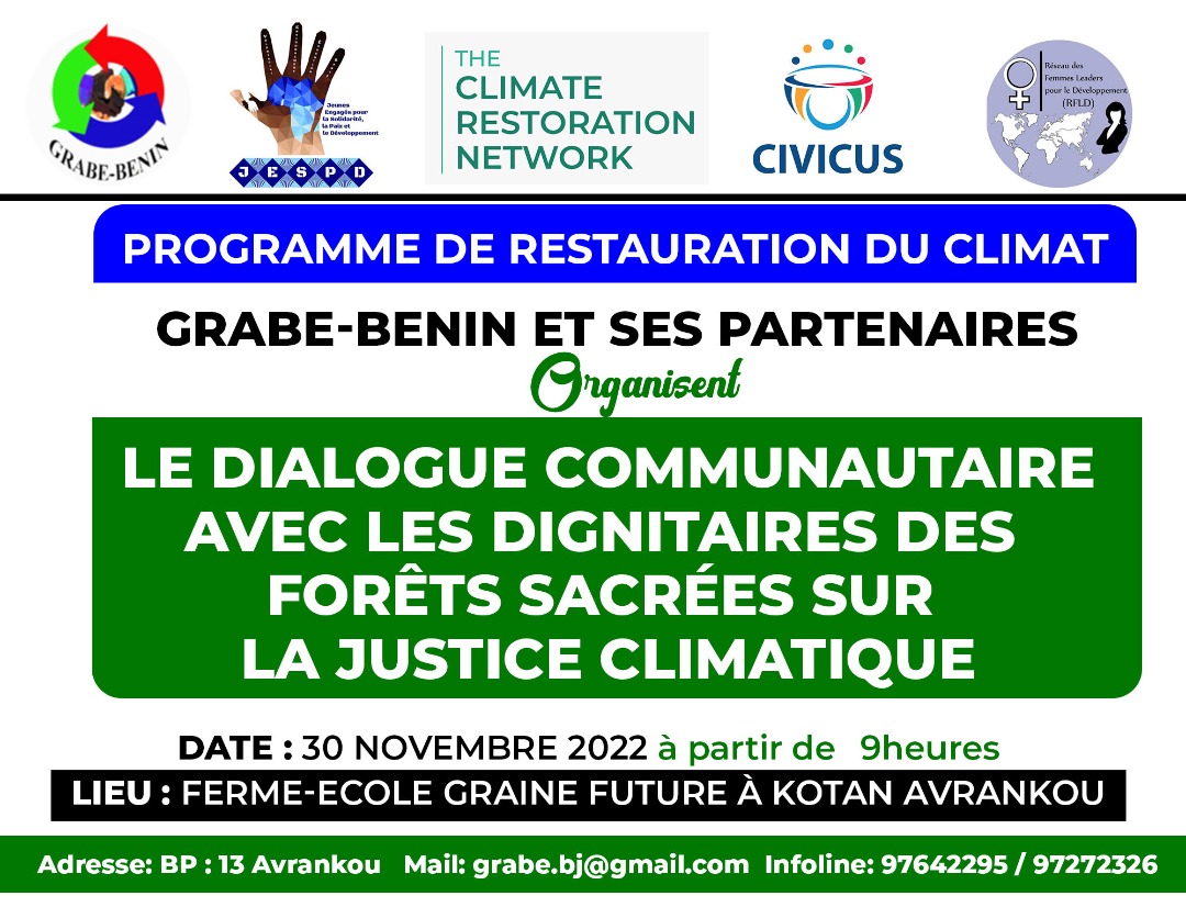 Grabe_BeninONG's tweet photo. Programme de restauration du climat. Dialogue communautaire avec les dignitaires des forêts sacrées sur la justice climatique. GRABE-BENIN et ses partenaires échanges avec les dignitaires sur la vie des forêts sacrée face aux effets néfastes du réchauffement climatique. https://t.co/D5S7PlH7nm